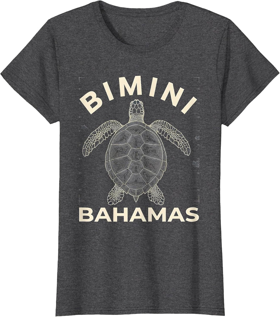 Women's Bimini Bahamas Topographic Contour Sea Turtle Souvenir T-Shirt - Dark Heather Grey
