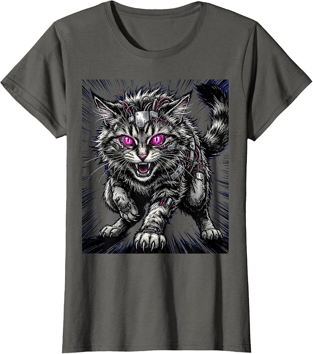 Women's Feral Cyberpunk Cat Neon Cybernetic Eyes Design T-Shirt - Asphalt Grey
