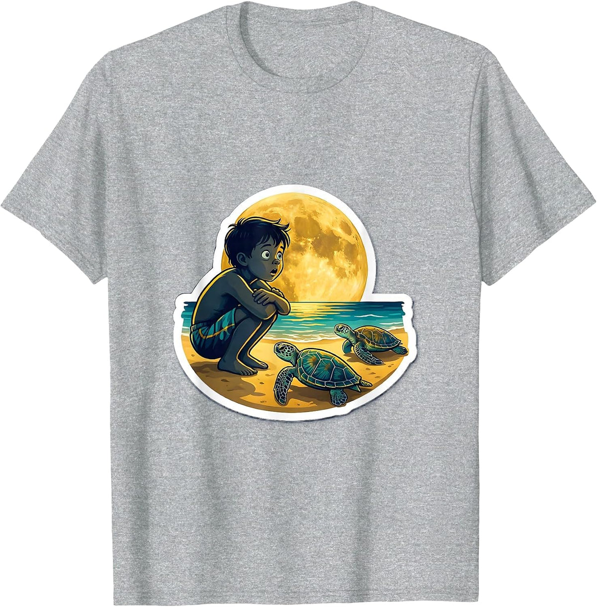 Men's Boys Hawaiian Sea Turtle Nesting Moonlit Beach T-Shirt - Heather Grey