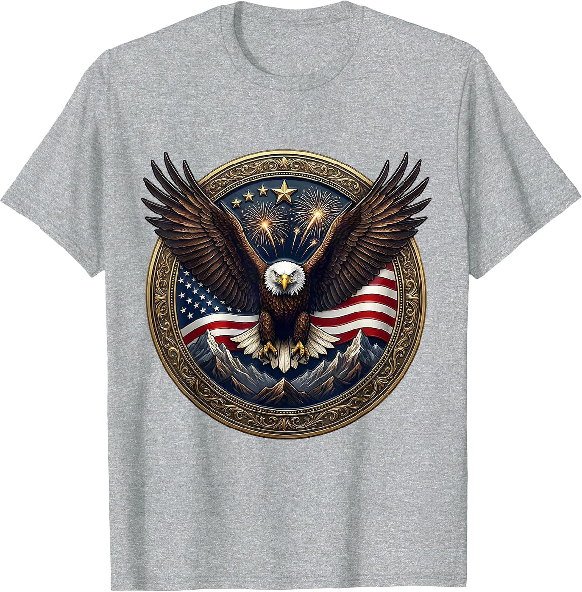 Men's Red White and Blue Bald Eagle Mountain Peak T-Shirt - Heather Grey