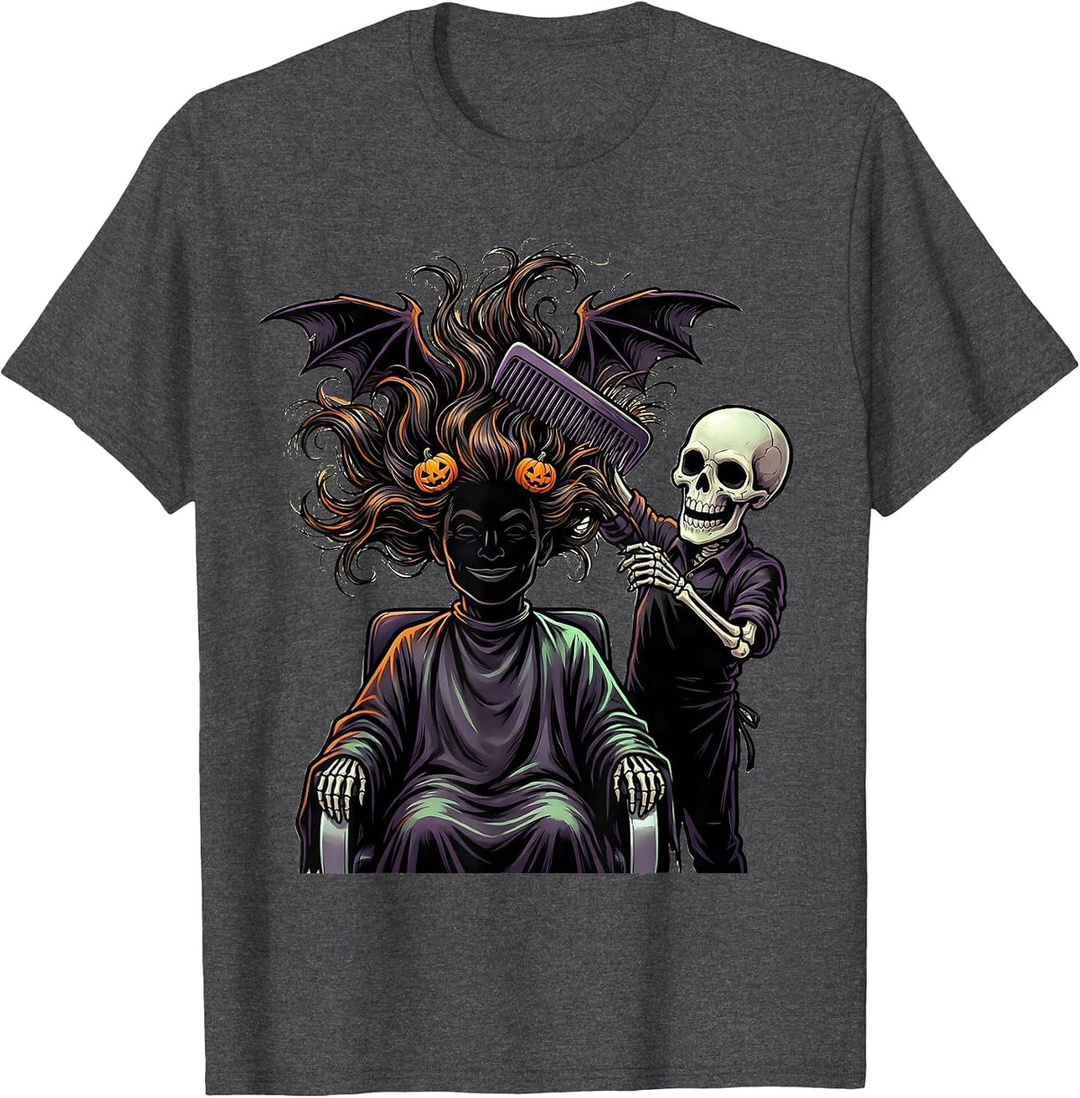 Men's Cartoon Skeleton Hairstylist Halloween Hairdresser Barber T-Shirt - Dark Heather Grey