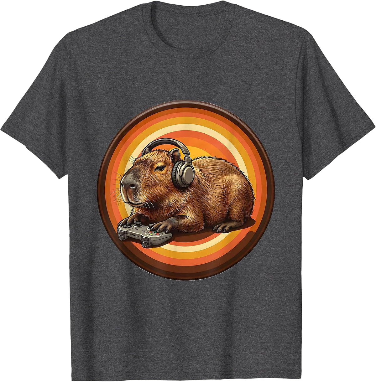 Capybara Gamer Retro 70s Meme Humor T-Shirt - Dark Heather Grey