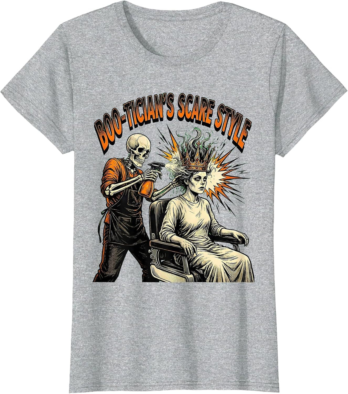 Boo-tician's Scare Style Comic Book Skeleton Hairdresser T-Shirt - Heather Grey