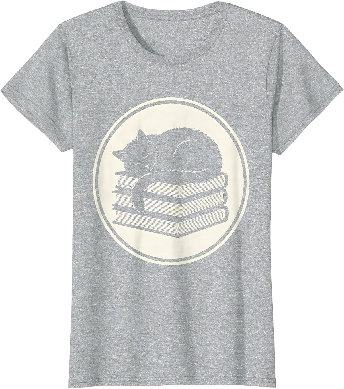 Tabby Cat Napping on Stack of Books T-Shirt - Heather Grey
