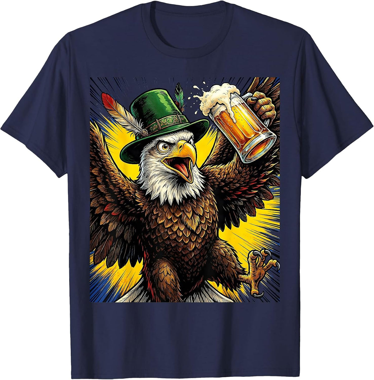 Men's Bald Eagle Bavarian Hat Beer Oktoberfest T-Shirt - Navy Blue