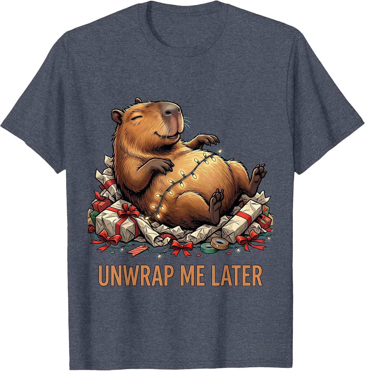 Unwrap Me Later Cute Christmas Capybara Funny Animal Lover T-Shirt - Heather Blue