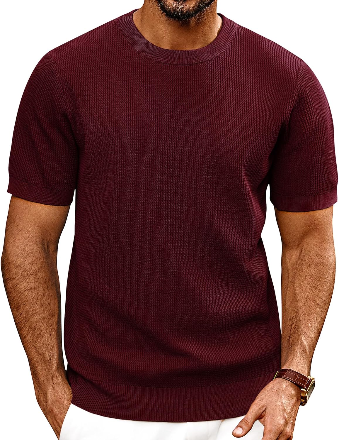 PJ PAUL JONES Mens T Shirts Crewneck Textured Knit Shirt - Burgundy