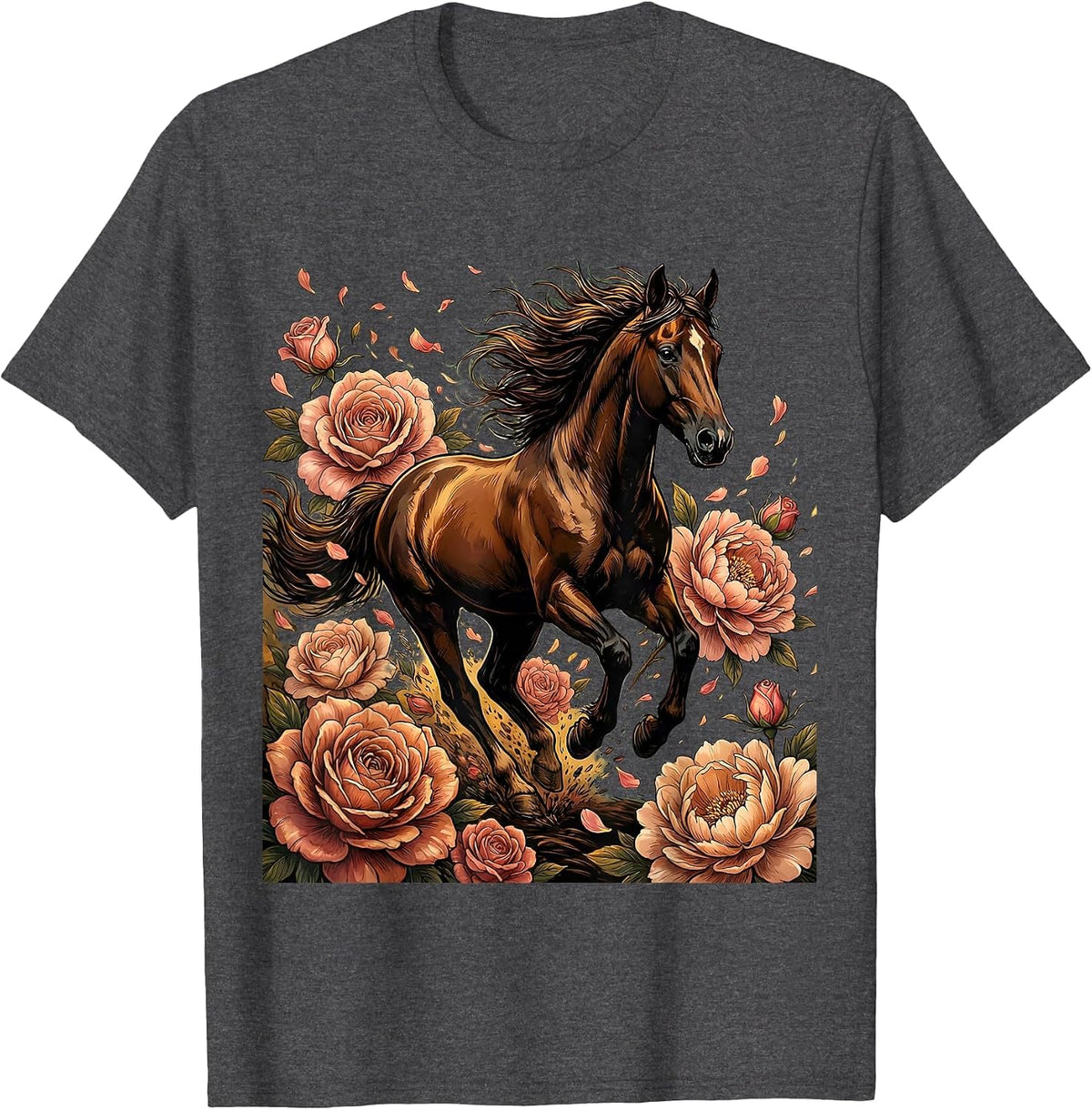 Floral Derby Galloping Horse Graphic Design T-Shirt - Dark Heather Grey