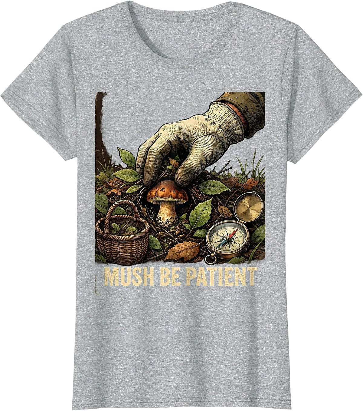 Women's Mush Be Patient Vintage Funny Mushroom Forager Morel Hunter T-Shirt - Heather Grey