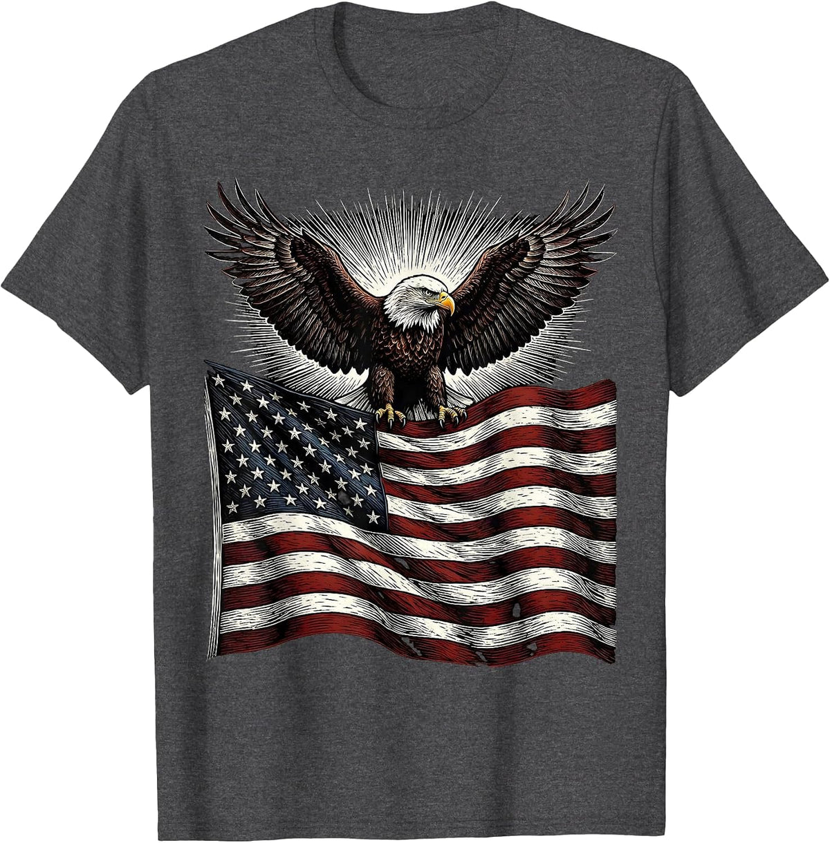 Men's Eagle Soaring Over American Flag Patriotic Design T-Shirt - Dark Heather Grey