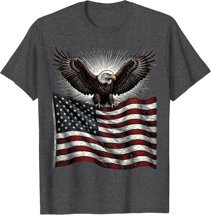 Men's Eagle Soaring Over American Flag Patriotic Design T-Shirt - Dark Heather Grey