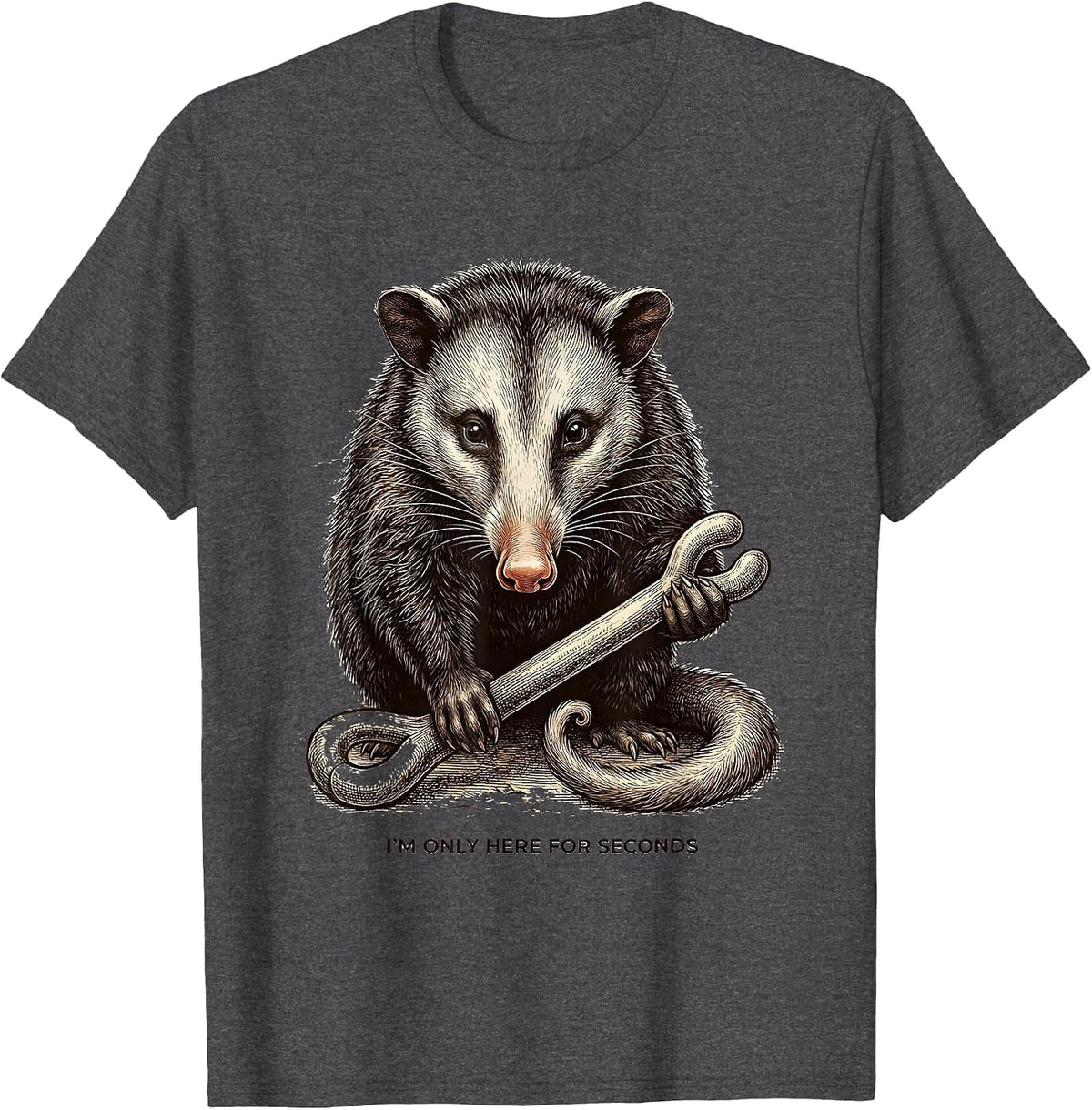 I'm Only Here For Seconds Funny Opossum Thanksgiving T-Shirt - Dark Heather Grey
