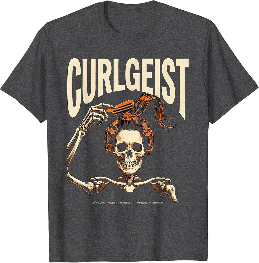 Men's Curlgeist Funny Skeleton Hairstylist Barber Halloween T-Shirt - Dark Heather Grey