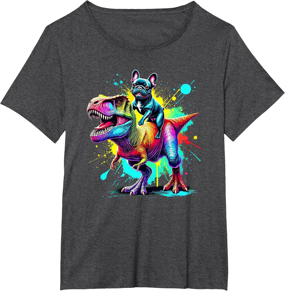 Splash Art Dinosaur T-Rex French Bulldog Frenchie T-Shirt - Dark Heather Grey