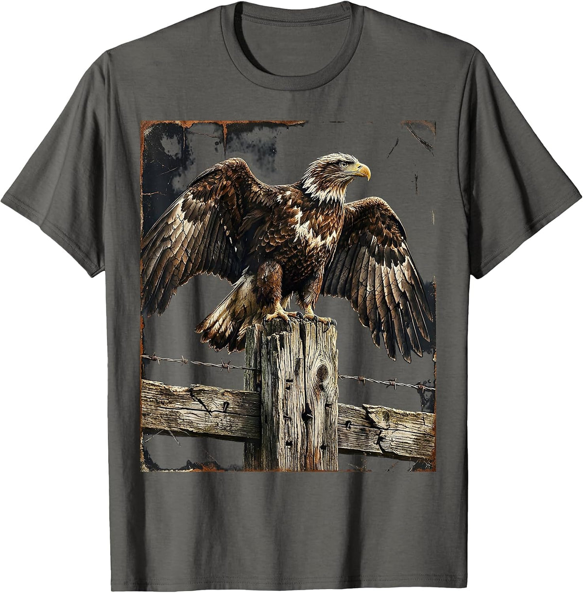 Eagle on Weathered Fence Post Western Graphic T-Shirt - Asphalt Grey