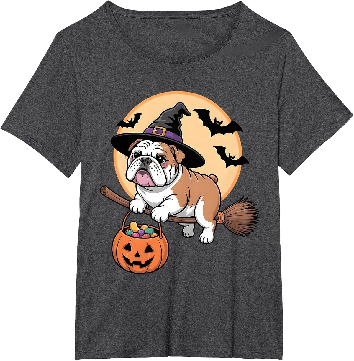 Bulldog Witch Hat Pumpkin Halloween Costume Men Women Kids T-Shirt - Dark Heather Grey