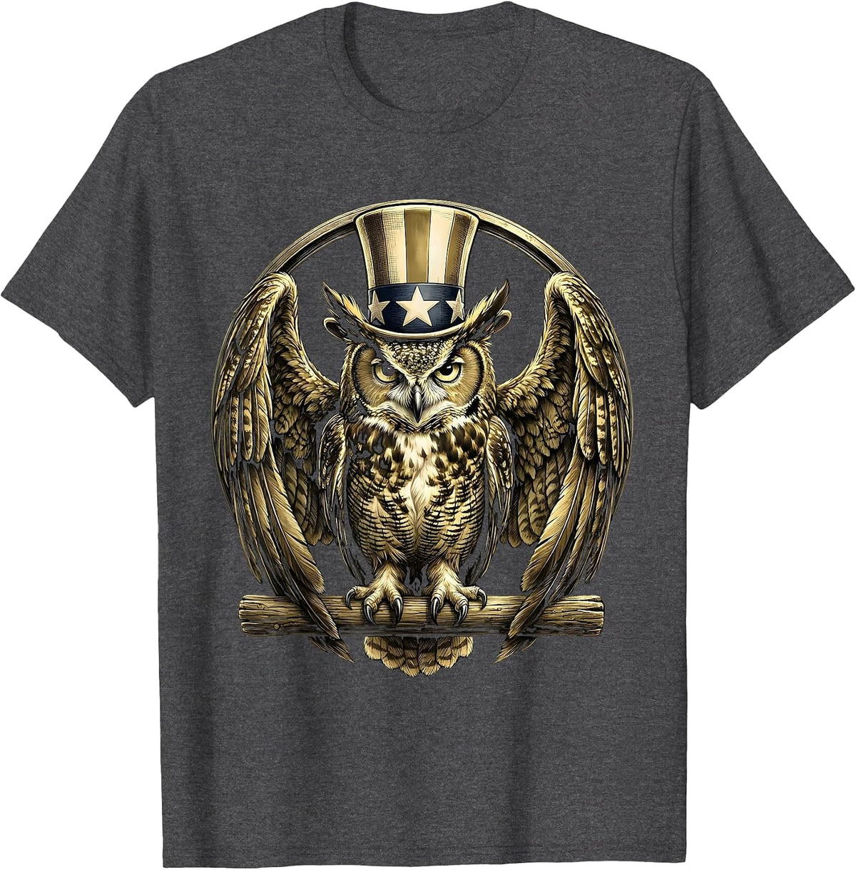 Men's Great Horned Owl Wings Spread USA Wildlife Art T-Shirt - Dark Heather Grey