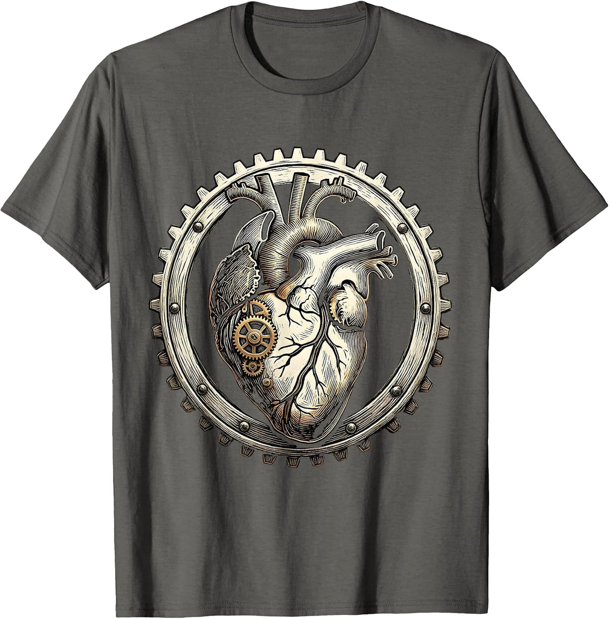 Steampunk Clockwork Heart Exposed Gears Design T-Shirt - Asphalt Grey