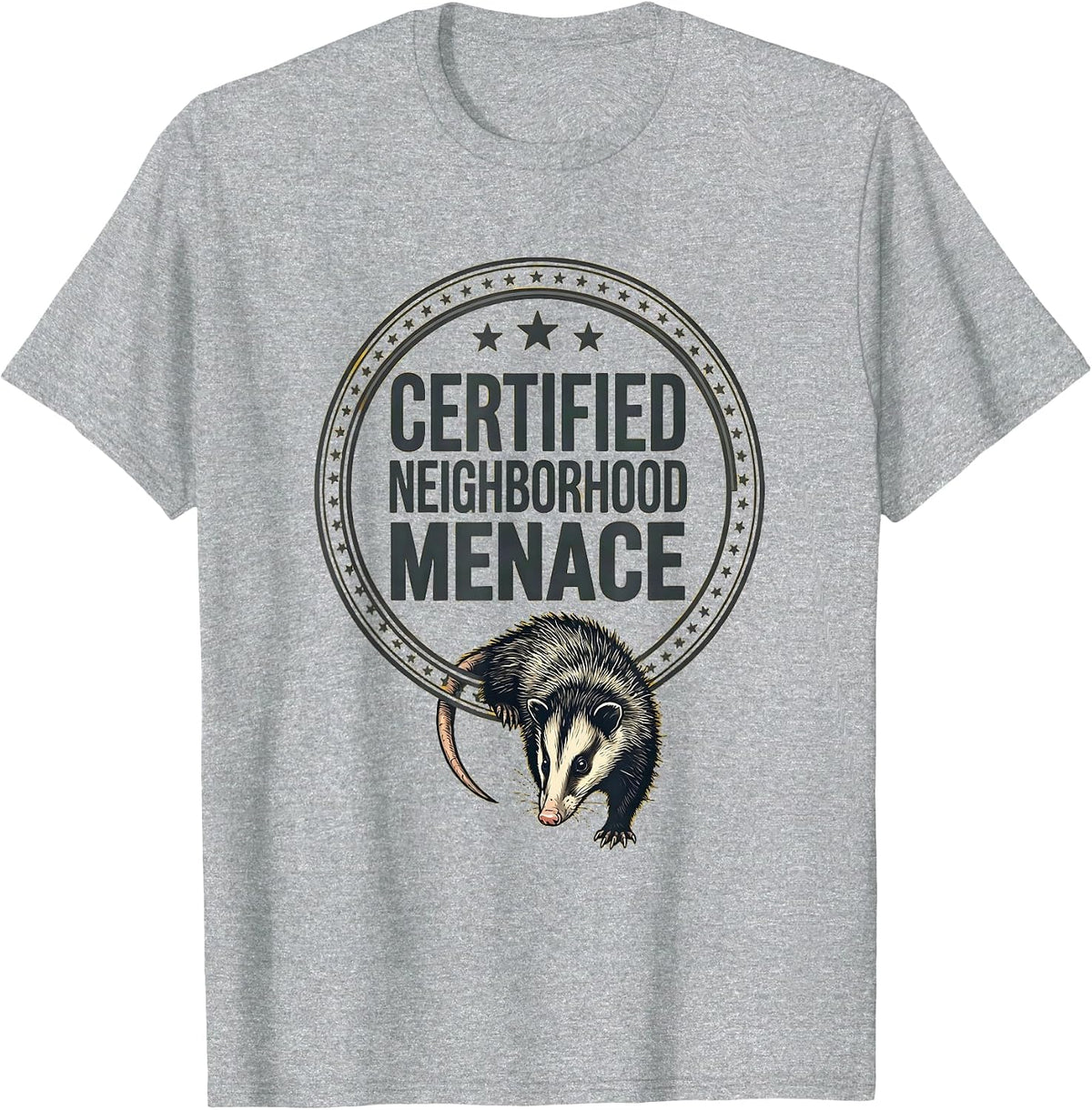 Men's Certified Neighborhood Menace Funny Opossum Meme Animal T-Shirt - Heather Grey