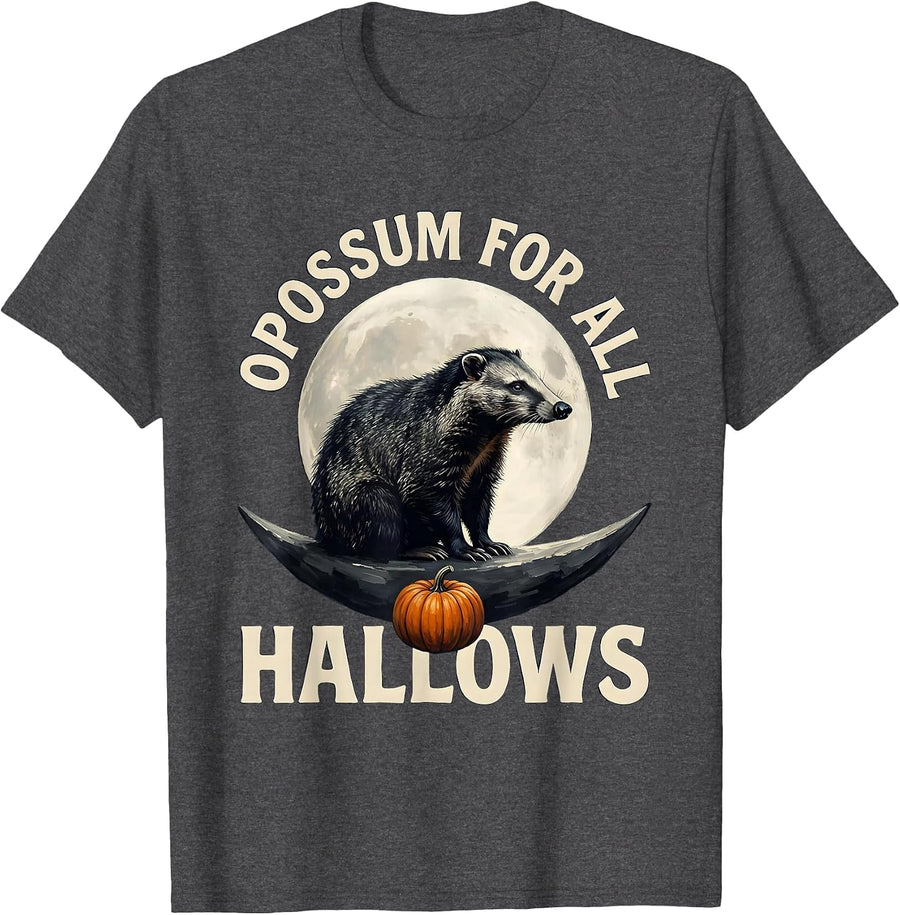 Men's Opossum For All Hallows Vintage Gothic Halloween Spooky Moon T-Shirt - Dark Heather Grey