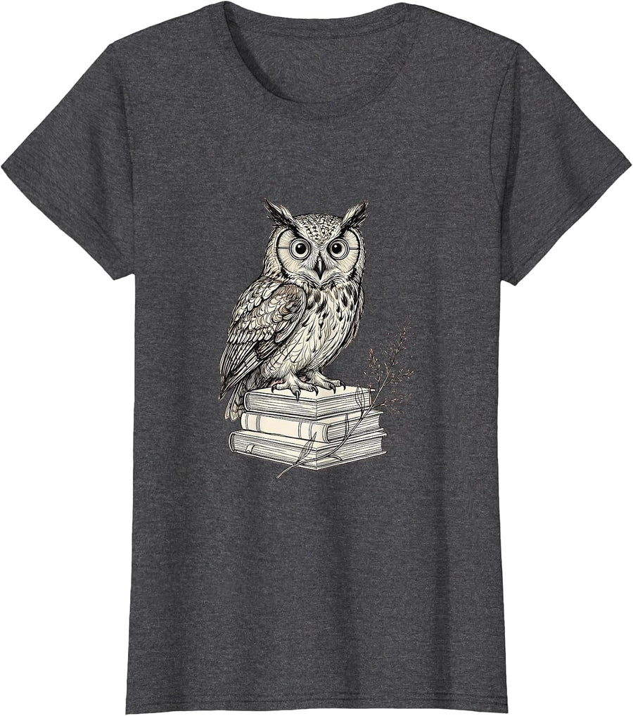 Women's Wise Owl on Books Cute Teacher Graphic T-Shirt - Dark Heather Grey