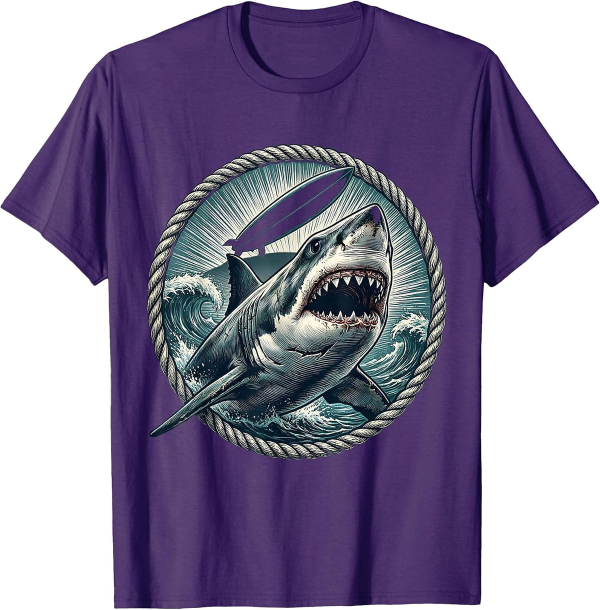Great White Shark Surfboard Hawaiian Design T-Shirt - Purple