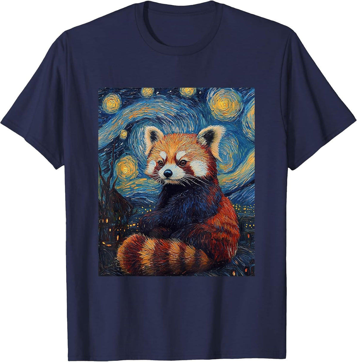 Cute Red Panda Bear Van Gogh Style Starry Night Graphic T-Shirt - Navy Blue