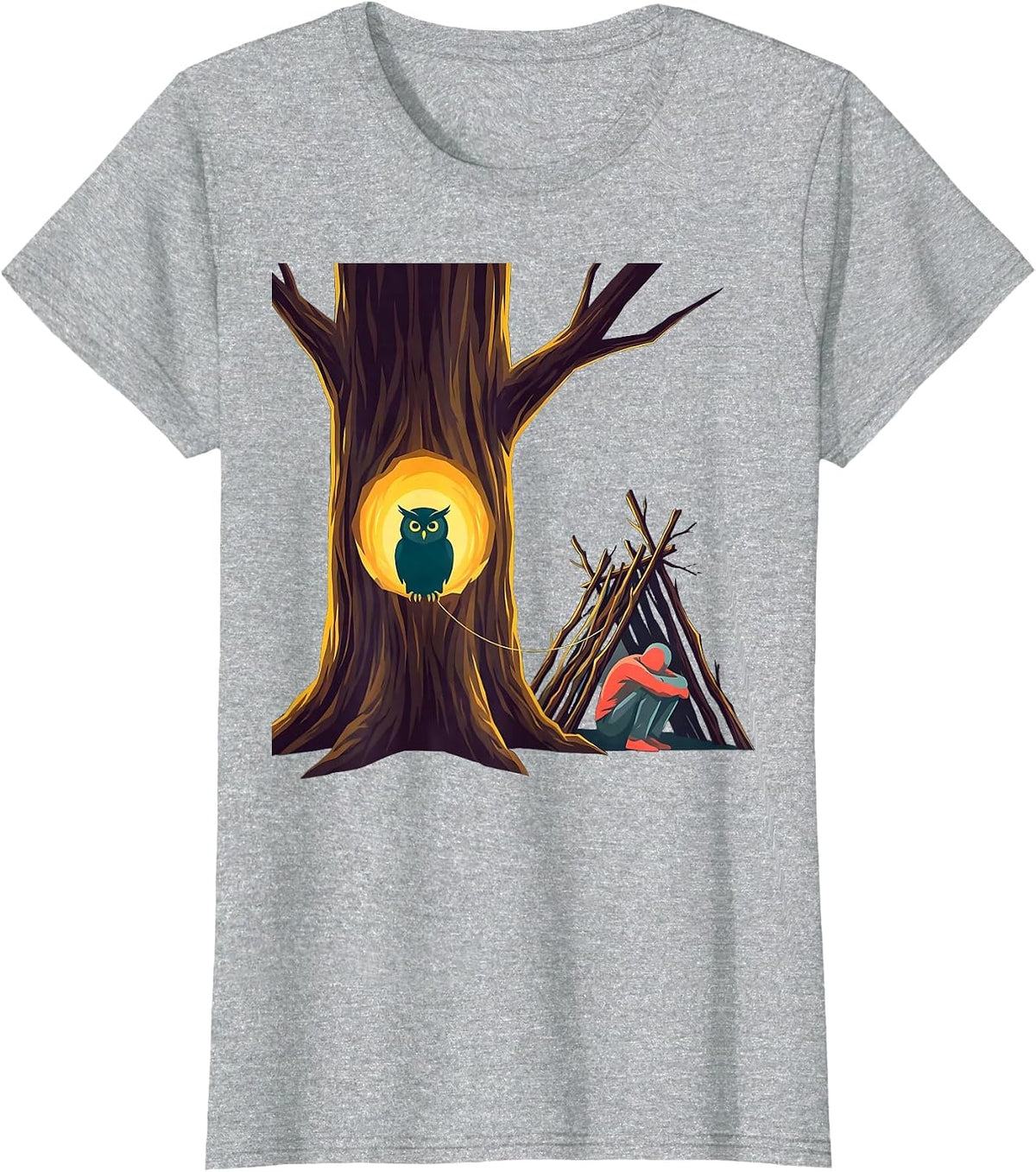 Women's Tree Hollow Owl Nature Camper Outdoor Humor T-Shirt - Heather Grey