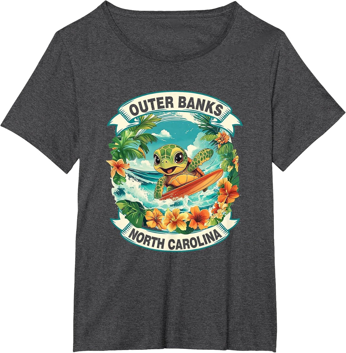Outer Banks North Carolina Cute Sea Turtle Surfing Summer T-Shirt - Dark Heather Grey