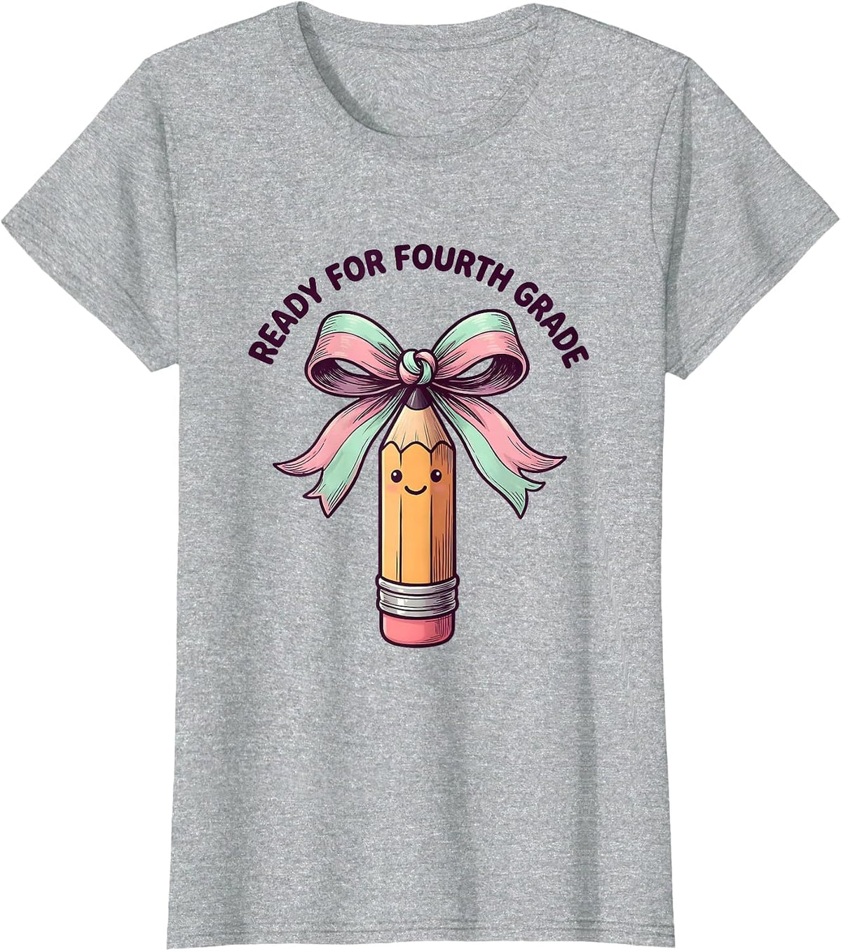 Ready For Fourth Grade Cute Kawaii Pencil Bow Back To School T-Shirt - Heather Grey