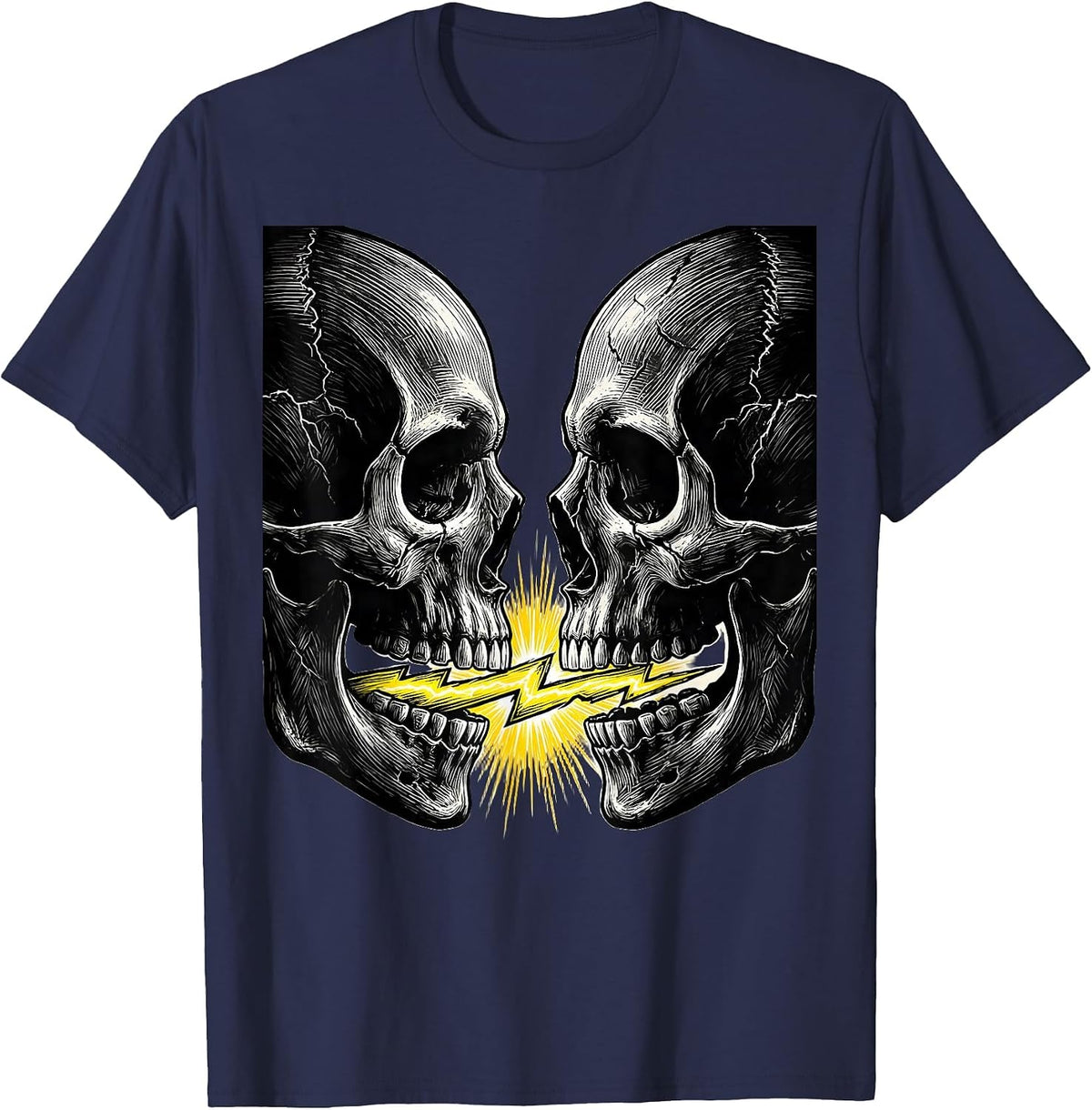 Men's Dual Skulls Lightning Strike Graphic Design T-Shirt - Navy Blue