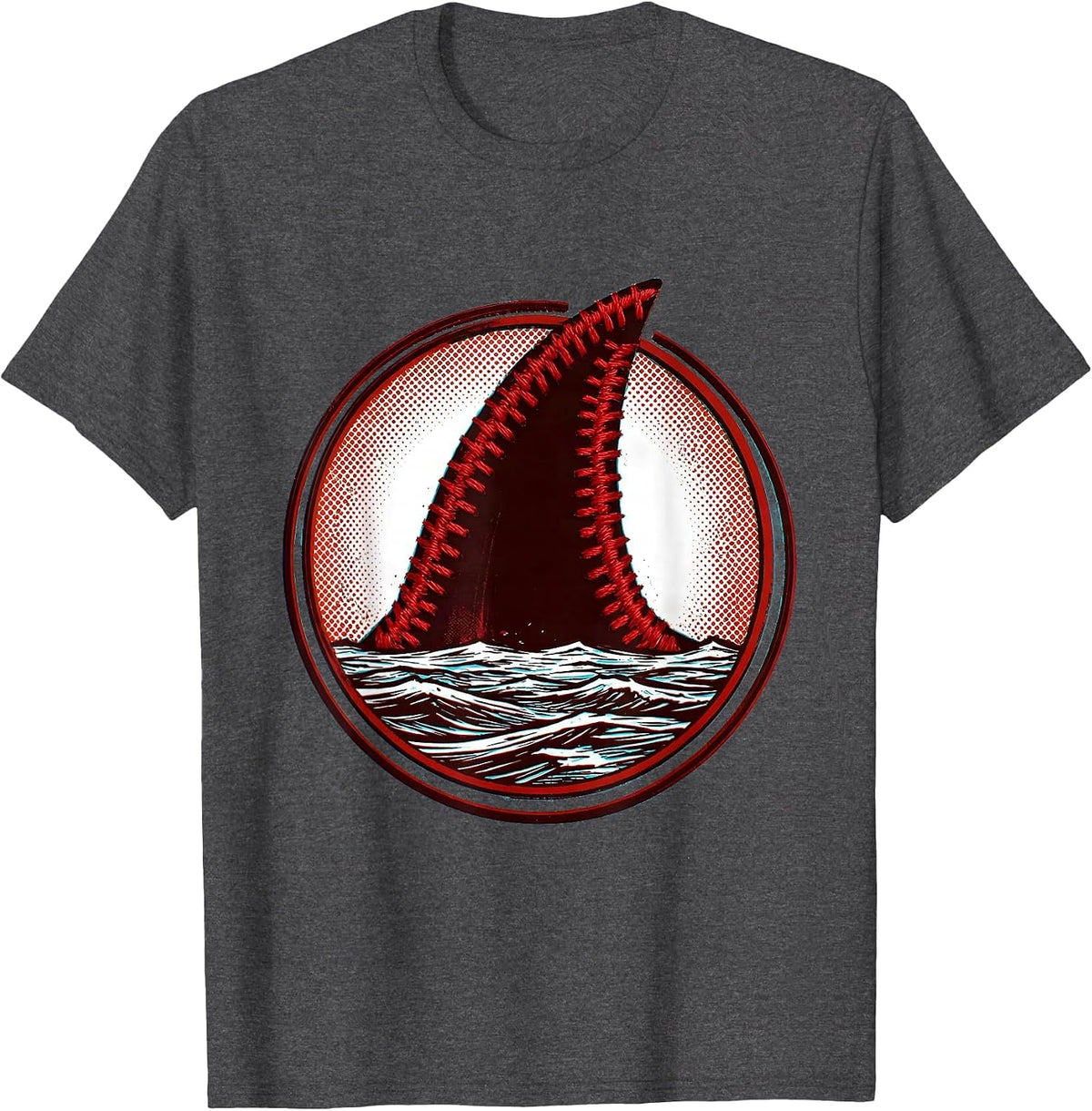 Baseball Shark Fin Graphic Tee T-Shirt - Dark Heather Grey