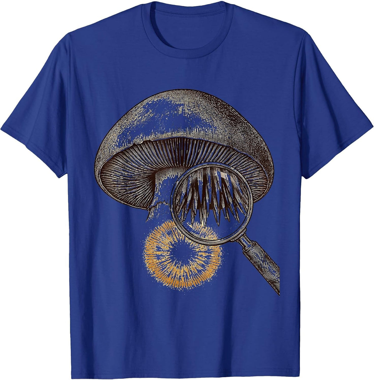 Men's Oversized Hedgehog Mushroom Crosshatch Etching Mycology T-Shirt - Royal Blue