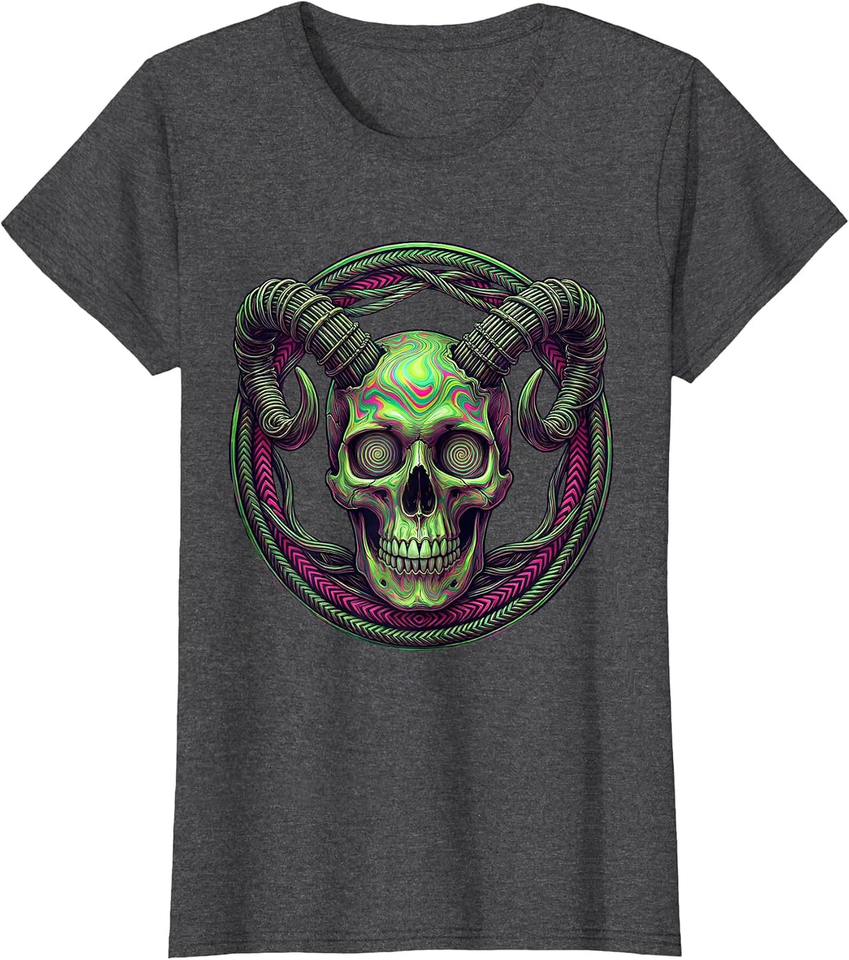 Women's Ram Skull Guitar Strings Rock Music Graphic T-Shirt - Dark Heather Grey