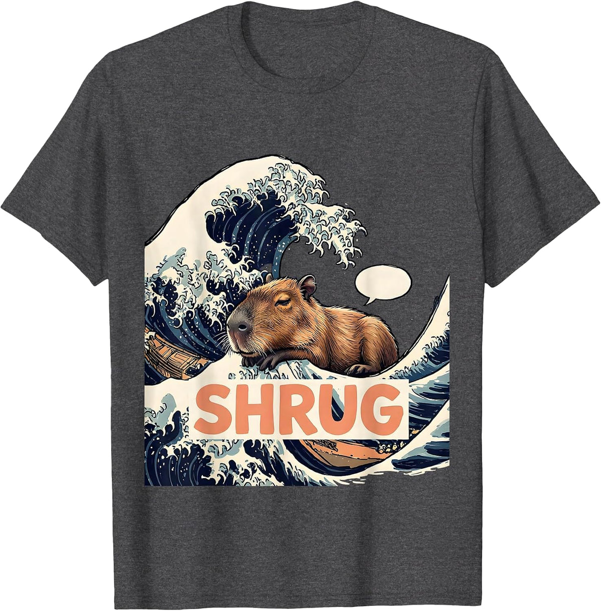 Shrug Funny Capybara Japanese Kanagawa Wave Animal Parody T-Shirt - Dark Heather Grey