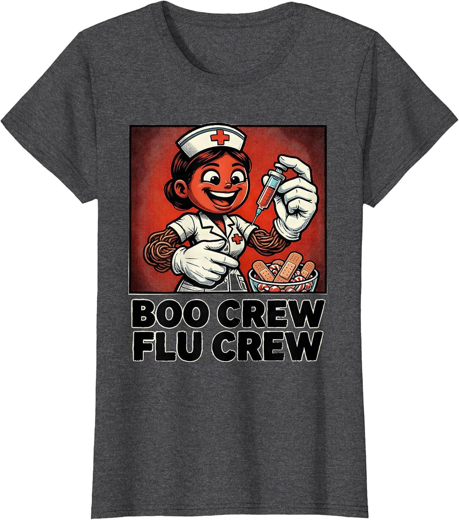 Women's Boo Crew Flu Crew Retro Cartoon Nurse Vaccine Humor T-Shirt - Dark Heather Grey