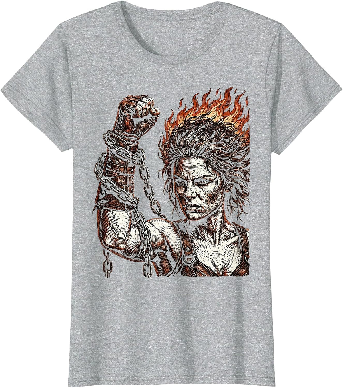 Rock Rebel Raised Fist Chains Leather Gauntlets T-Shirt - Heather Grey