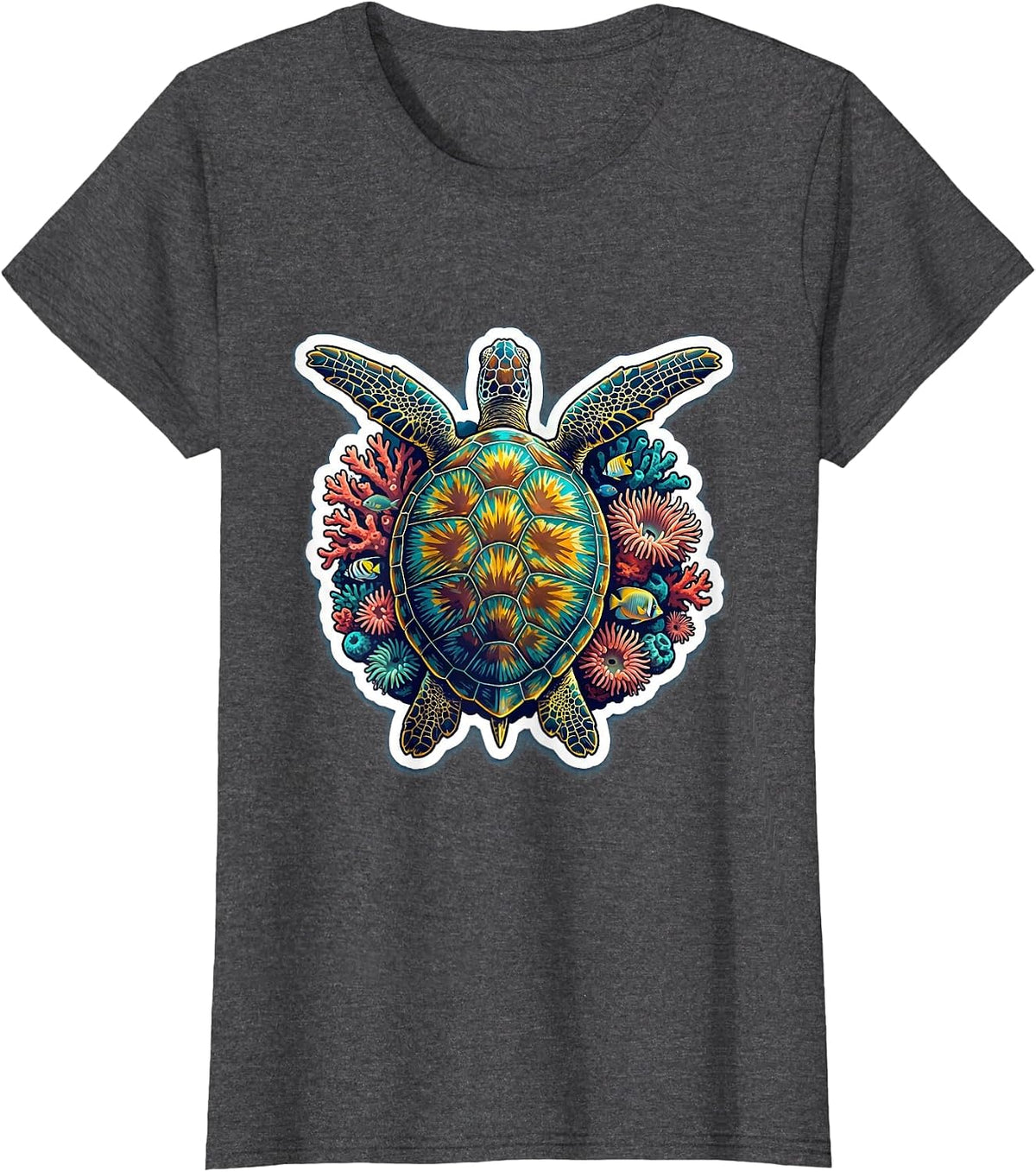 Women's Hawaiian Sea Turtle Coral Reef Graphic Design T-Shirt - Dark Heather Grey