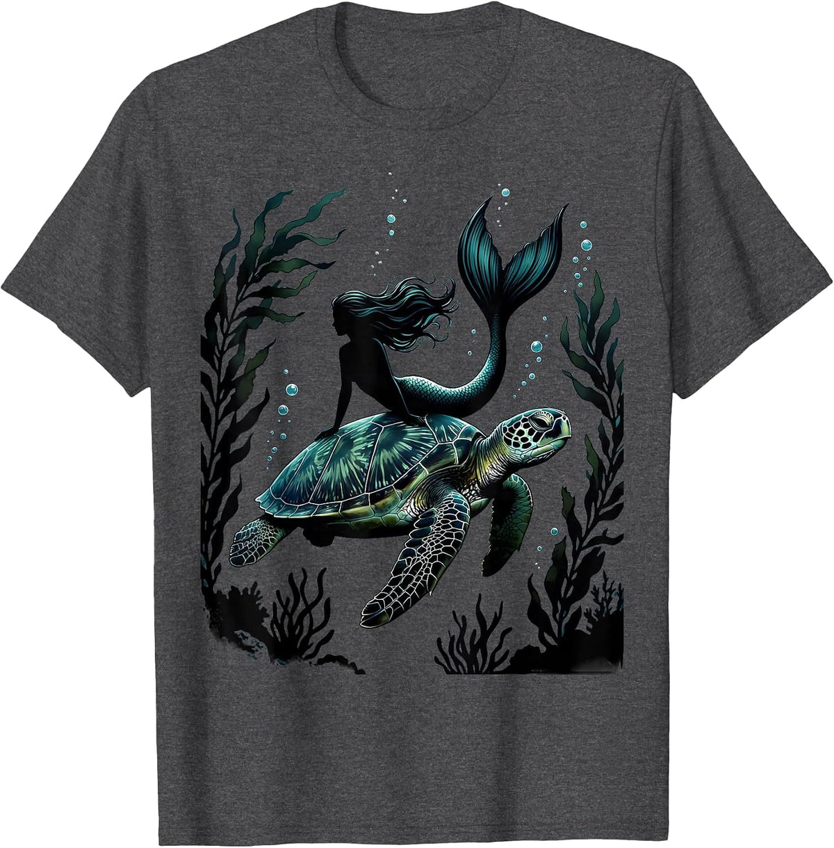Mermaid Riding Giant Sea Turtle Underwater Art T-Shirt - Dark Heather Grey