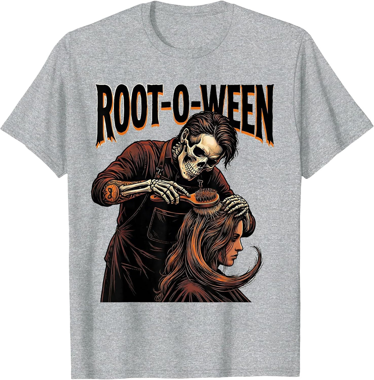 Men's Root-o-Ween Tattoo Skeleton Hairstylist Barber Halloween T-Shirt - Heather Grey