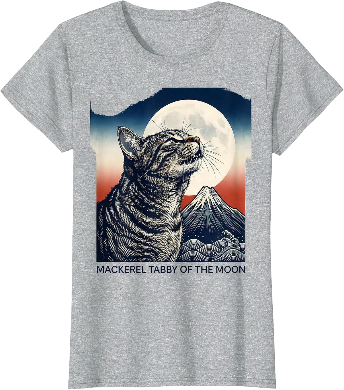 Women's Mackerel Tabby Of The Moon Ukiyo-e Retro Cat Owner T-Shirt - Heather Grey