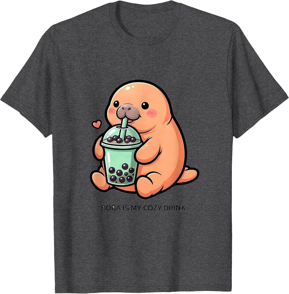 Men's Boba Is My Cozy Drink Cute Kawaii Manatee Bubble Tea Lover T-Shirt - Dark Heather Grey