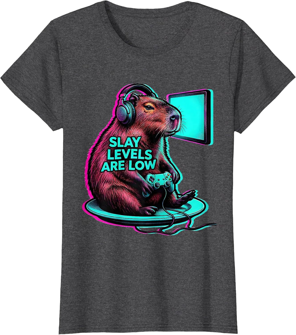 Women's Slay Levels Are Low Funny Capybara Gamer Bruh Meme Humor T-Shirt - Dark Heather Grey
