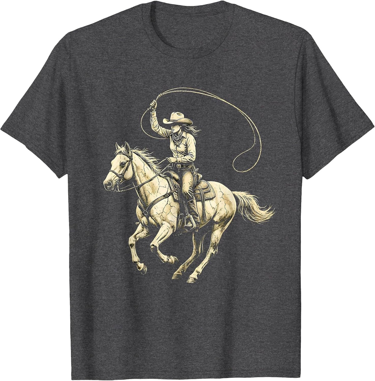 Cowgirl Lasso Horseback Western Riding Graphic T-Shirt - Dark Heather Grey