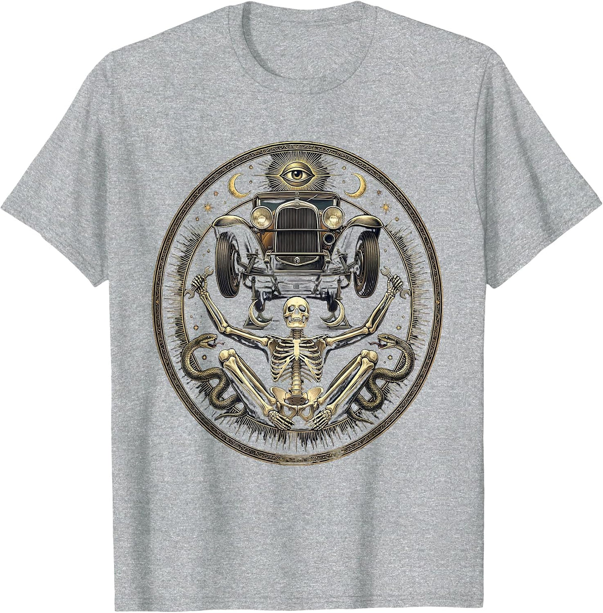 Men's Skeleton Mechanic Under Car Graphic Design T-Shirt - Heather Grey