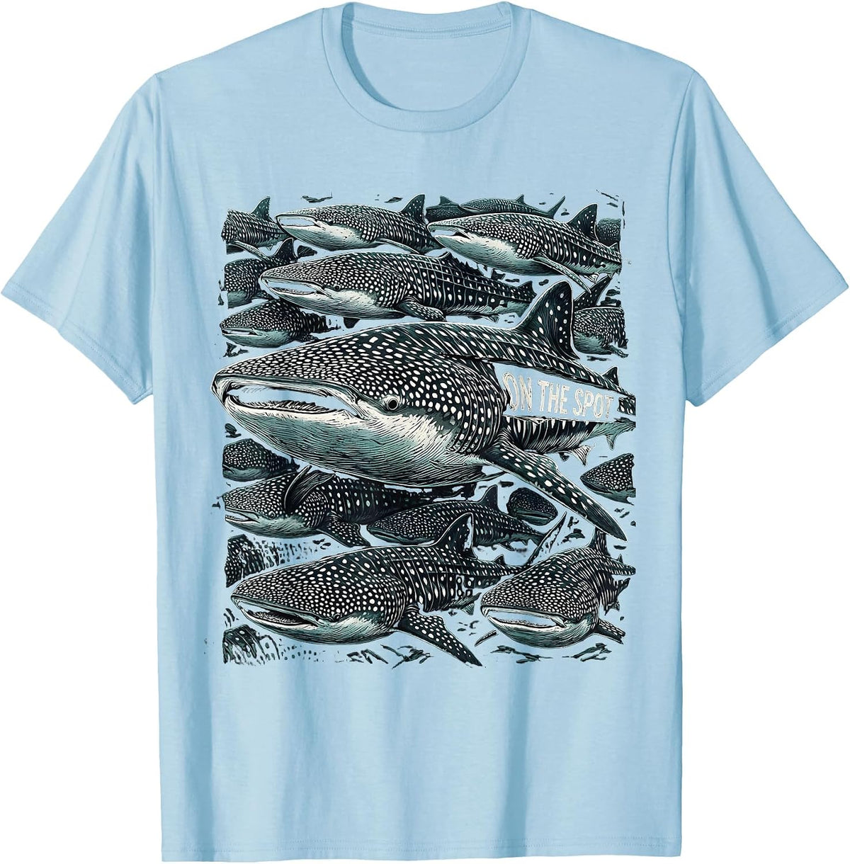 Men's On The Spot Whale Shark Woodcut Engraving Ocean Wildlife T-Shirt - Baby Blue