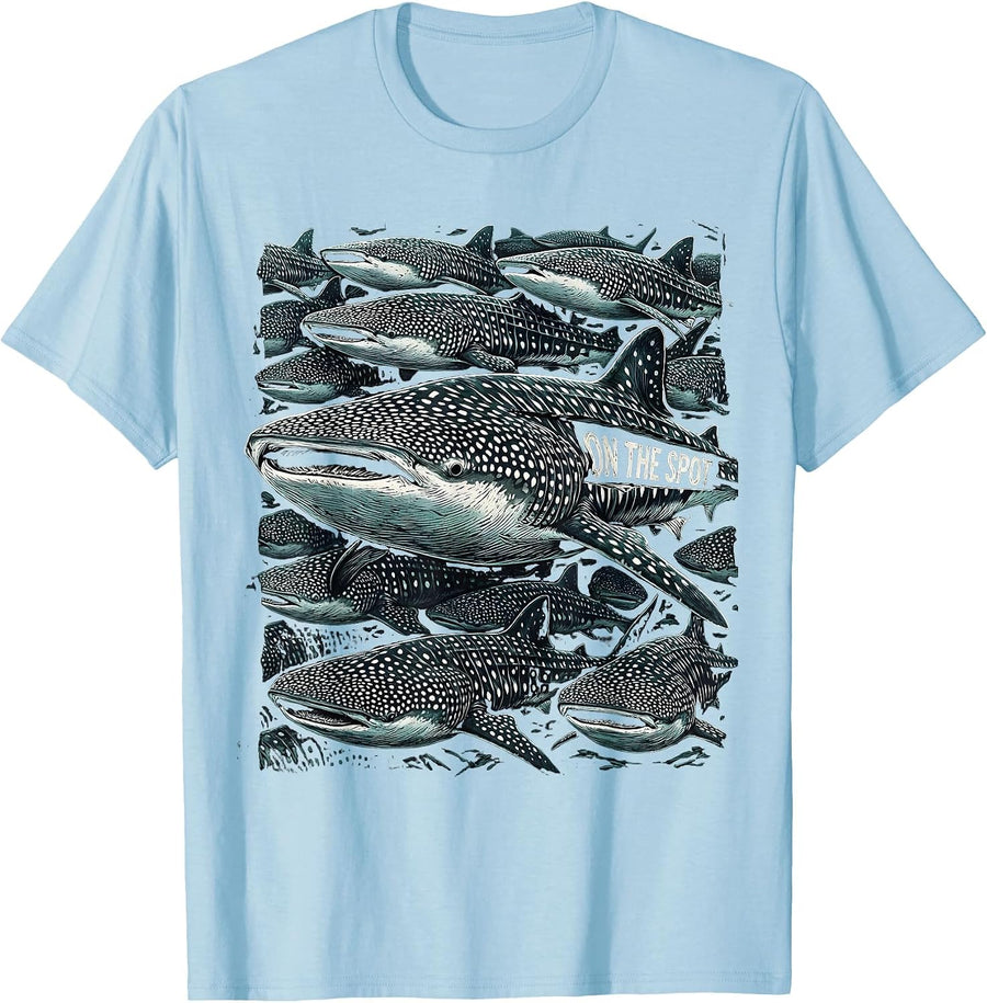 Men's On The Spot Whale Shark Woodcut Engraving Ocean Wildlife T-Shirt - Baby Blue