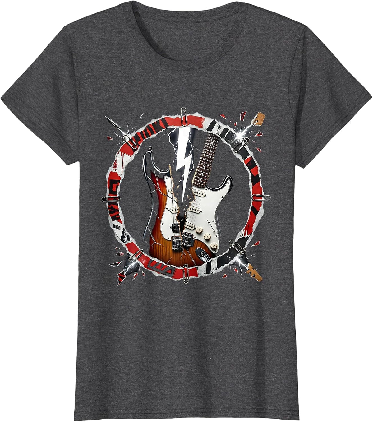 Women's Lightning Bolt Strikes Electric Guitar Rock Art T-Shirt - Dark Heather Grey