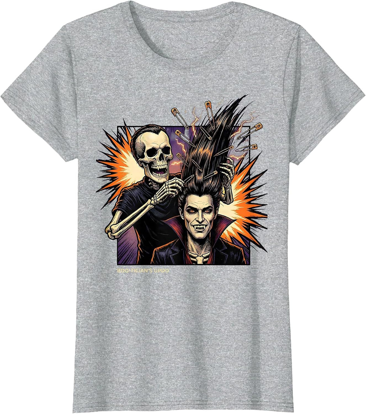 Women's Boo-Tician's Updo Comic Book Skeleton Hairstylist Halloween T-Shirt - Heather Grey