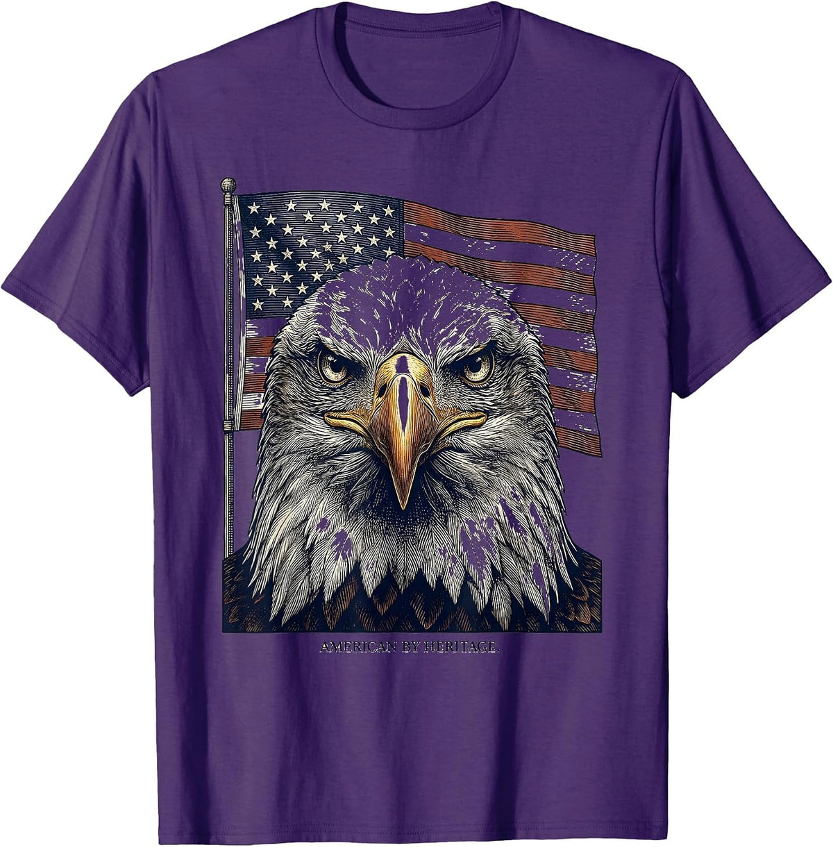 American By Heritage Crosshatch Etching Patriotic Eagle Flag T-Shirt - Purple